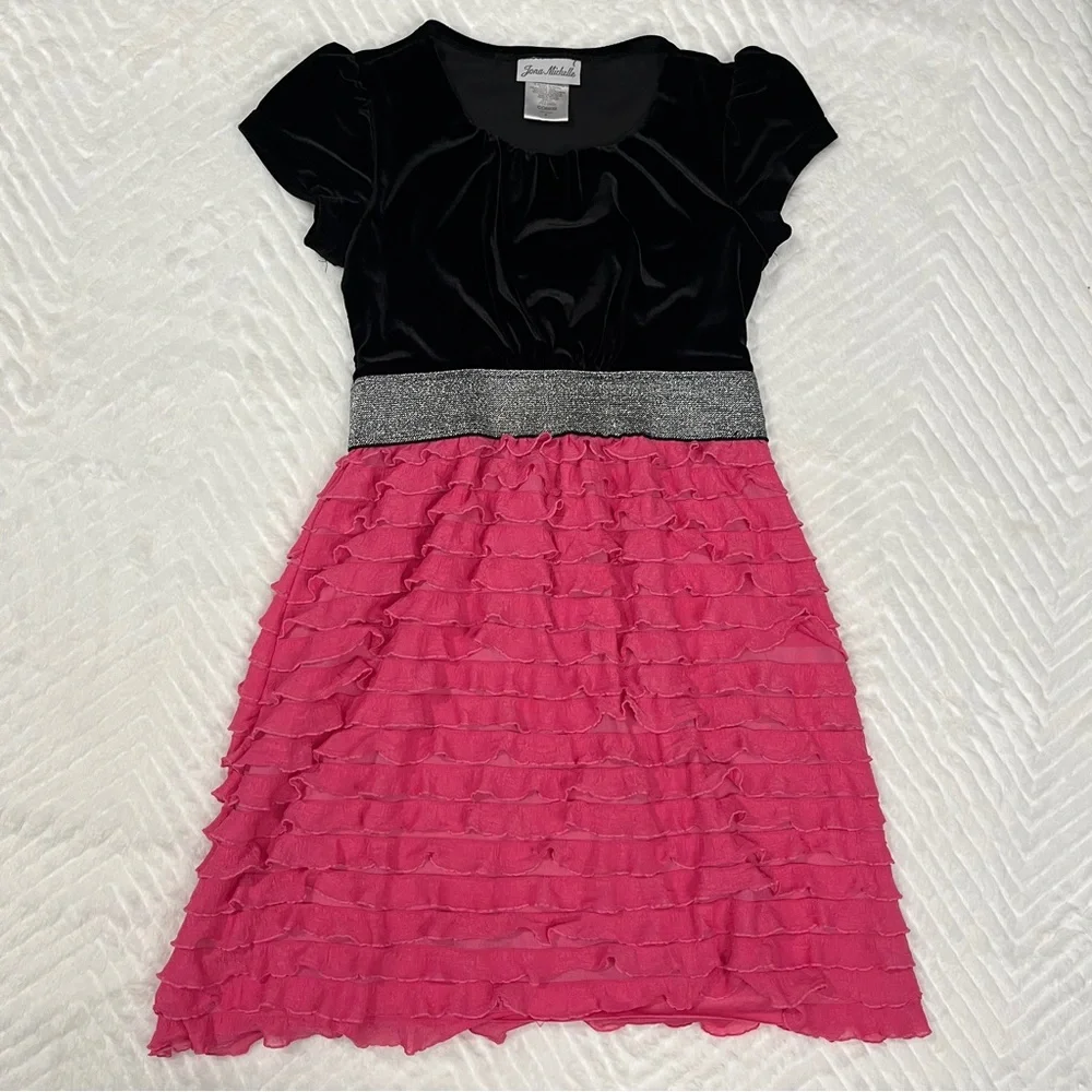 Jona‎ Michelle Velvet Black Pink Tiered Ruffle Dress size 8 girls semi formal